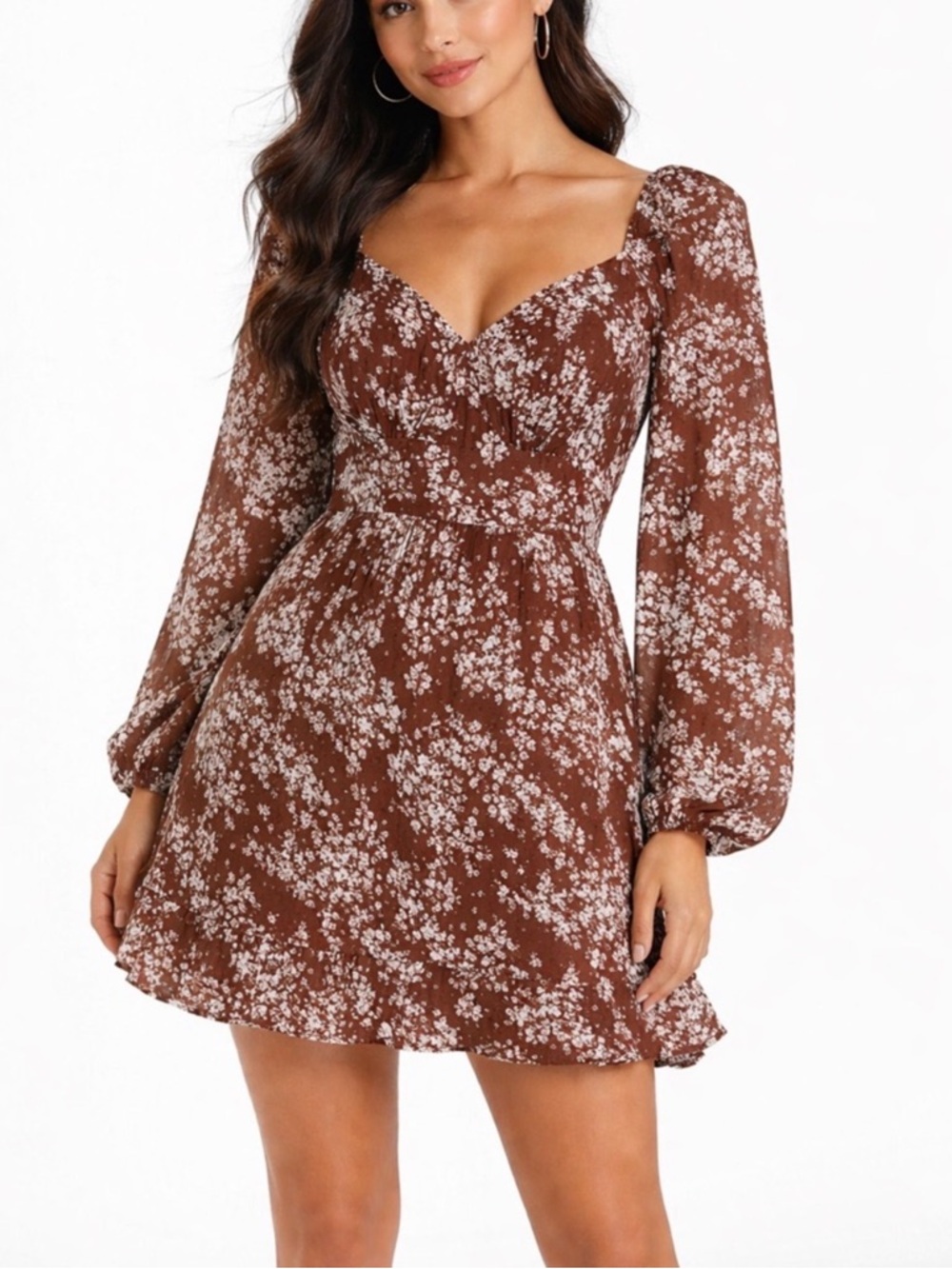 Altar'd State Brown & White Floral Sweetheart Mini Dress